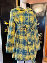 Last inn bildet i Galleri-visningsprogrammet, Colorful Y2K Tweed Peacoat Belted Coat by Tulle for Anthropologie, Teal Blue and Yellow, Size XL
