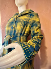 Load image into Gallery viewer, Colorful Y2K Tweed Peacoat Belted Coat by Tulle for Anthropologie, Teal Blue and Yellow, Size XL
