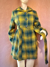 Cargar imagen en el visor de la galería, Colorful Y2K Tweed Peacoat Belted Coat by Tulle for Anthropologie, Teal Blue and Yellow, Size XL
